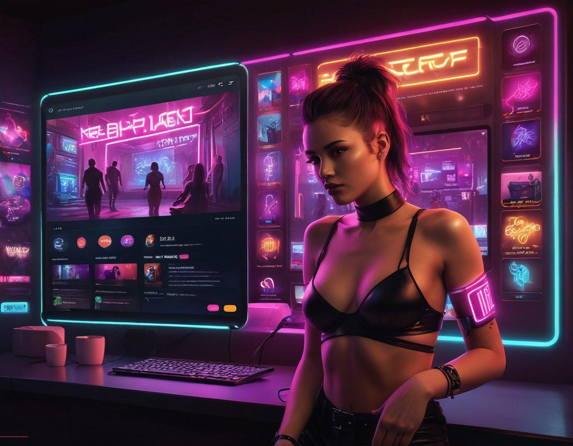 An imaginative depiction of a sleek, modern video-sharing platform interface showcasing various adult-themed thumbnails, overflowing with sensuality and allure. The background features subtle silhouettes of users engaged in video viewing, while playful neon lights cast an enticing glow, representing the NSFW and X-rated space. Integrate elements like digital devices and pop-up notifications to enhance the tech-savvy atmosphere. cyberpunk. vibrant colors. digital art.