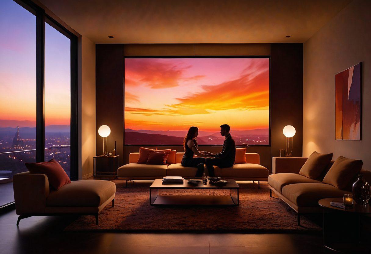 A visually rich scene depicting a cozy, intimate setting with dimmed lights, silhouettes of couples enjoying each other's company, surrounded by vibrant screens displaying abstract, artistic representations of erotic videos. Soft, warm colors create a sensual atmosphere while maintaining an artistic elegance. The composition should evoke feelings of intimacy, curiosity, and exploration. This scene is framed with elements of modern technology, like streaming devices and relaxing furniture. super-realistic. warm colors. intimate setting.